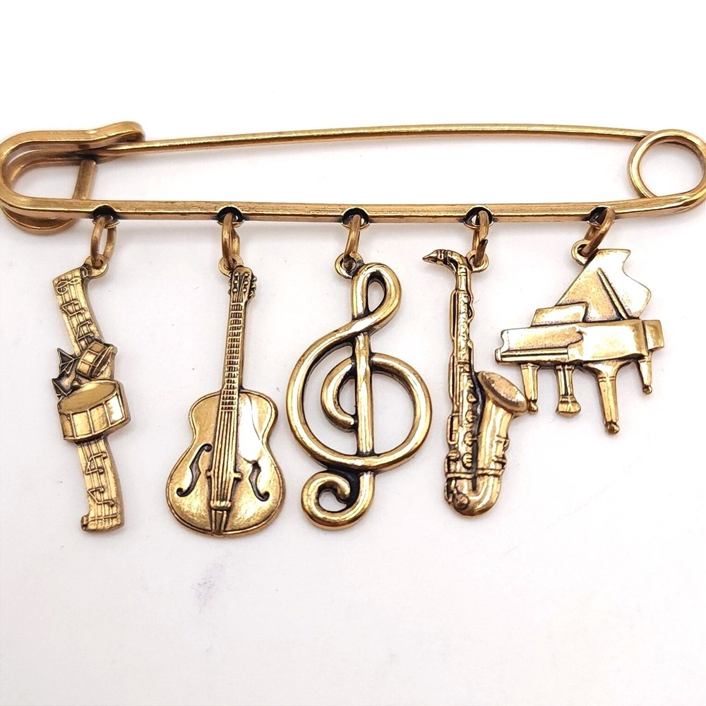 Vintage Gold Tone Safety Pin Brooch Music Themed Charms Piano Guitar 3 Inch